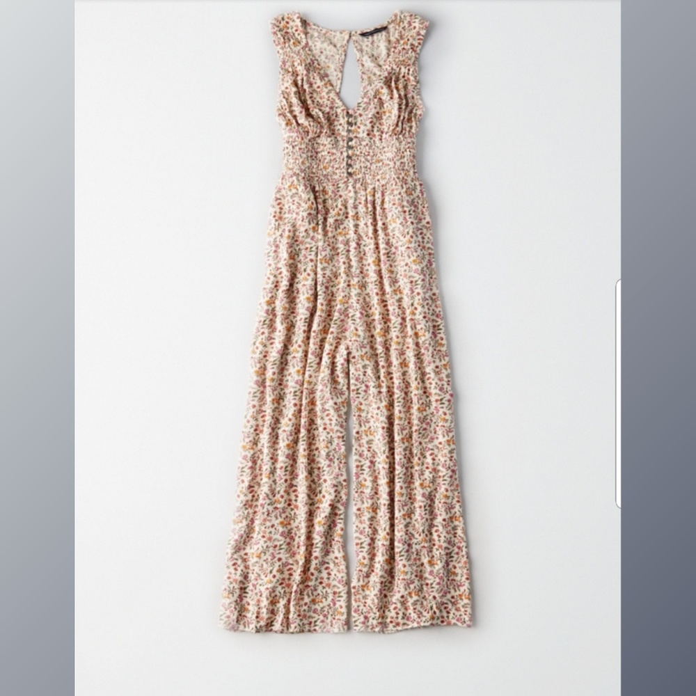 AMERICAN EAGLE Smocked Button Front Jumpsuit